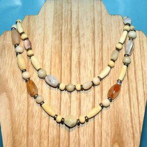 Vintage Necklace Bone? & Various Stone Agate? & Silver Tone Beads 2 Layered